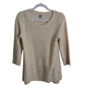 Anne Klein Vintage Golden Beige Sequined 3/4 Sleeve Holiday Sweater Size S
